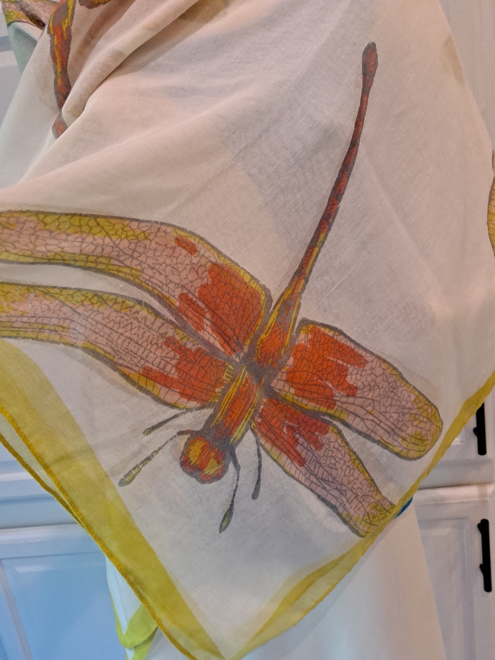 Orange Pink Dragonfly Print Wrap on Cream Oversized Scarf